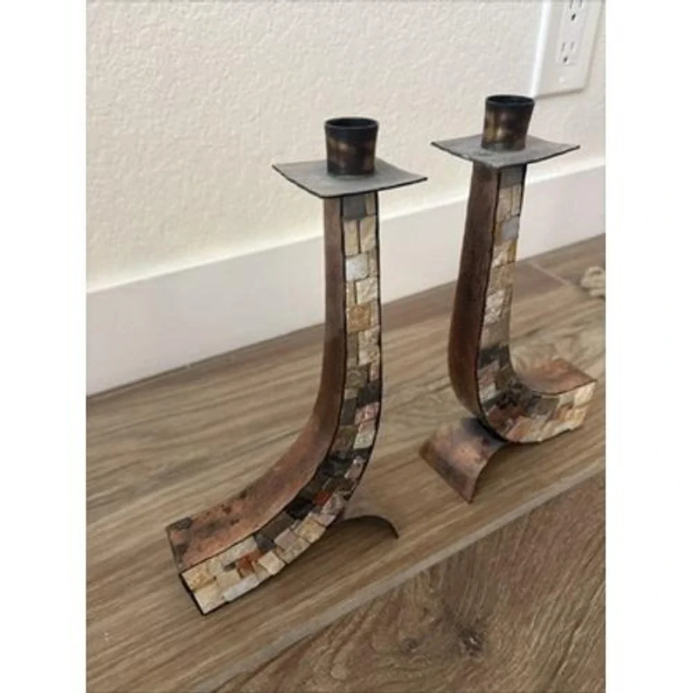 Eilon‎ Mosaics MCM Hammered Copper Holy Land Stone Candlesticks Shabbat 10.5